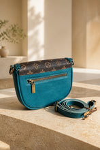 Load image into Gallery viewer, Peacock Blue Barbie & Repurposed LV Canvas