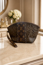 Load image into Gallery viewer, Jet Set Medium Leather Travel Kit / Cosmetic bag with designer striped