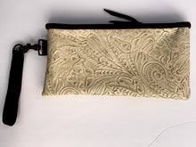Load image into Gallery viewer, Sergios Wristlet made with floral ivory embossed leather