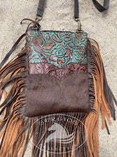 Load image into Gallery viewer, Embossed leather/ cowhide with fringe crossbody