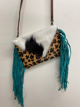 Load image into Gallery viewer, Cheetah crossbody with tourquoise fringes