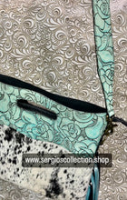 Load image into Gallery viewer, Cowhide satchel with brindle Hyde and embossed leather