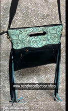 Load image into Gallery viewer, Cowhide satchel with brindle Hyde and embossed leather