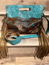 Load image into Gallery viewer, Cowgirl Cowhide tote with beautiful turquoise embossed leather