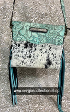 Load image into Gallery viewer, Cowhide satchel with brindle Hyde and embossed leather