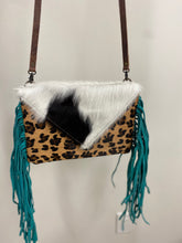 Load image into Gallery viewer, Cheetah crossbody with tourquoise fringes