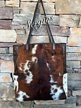 Load image into Gallery viewer, The Wyoming is Beautiful cowhide tricolor hair on tote