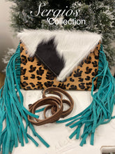 Load image into Gallery viewer, Cheetah crossbody with tourquoise fringes
