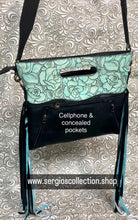 Load image into Gallery viewer, Cowhide satchel with brindle Hyde and embossed leather
