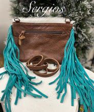Load image into Gallery viewer, Cheetah crossbody with tourquoise fringes