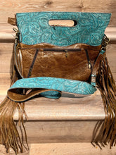 Load image into Gallery viewer, Cowgirl Cowhide tote with beautiful turquoise embossed leather
