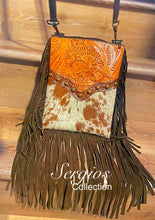 Load image into Gallery viewer, Sergios most popular crossbody made with Tooled leather and cowhide combination