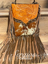 Load image into Gallery viewer, Sergios most popular crossbody bag made with unique tooled leather and cowhide hair on
