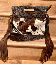 Load image into Gallery viewer, Cowgirl cowhide tote with embossed leather