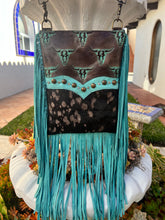 Load image into Gallery viewer, Cristina Turquoise & Dark Brown Acid Wash hide with Longhorn