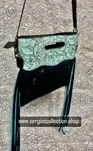 Load image into Gallery viewer, Cowhide satchel with brindle Hyde and embossed leather