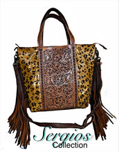 Load image into Gallery viewer, Mega Tote Golden Cheetah & Tooled Leather