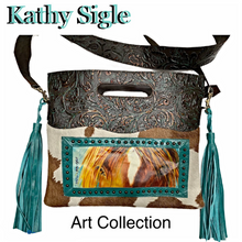 Load image into Gallery viewer, Kathy Sigle Beautiful Art on Sergios Collection on Embossed Cowhide Limited Edition Bag.
