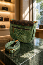 Load image into Gallery viewer, Jade &amp; Tan Leather Barbie with Repurposed LV Canvas
