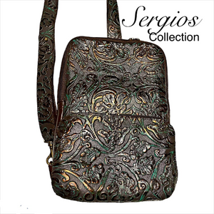 Backpack /Slim-Bag/ Messenger Bag Embossed Copper brown Teal Leather