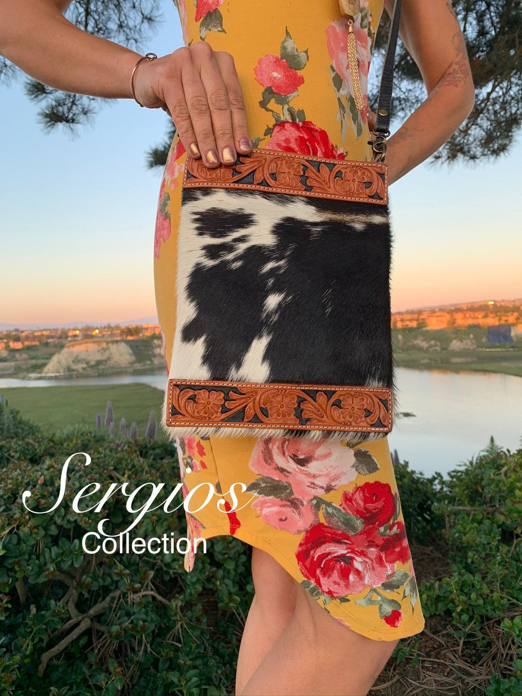 Cowhide and tooled leather crossbody
