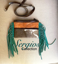 Load image into Gallery viewer, Cowhide &amp; Turquoise Fringe Hipster/Crossbody
