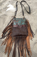 Load image into Gallery viewer, Embossed leather/ cowhide with fringe crossbody

