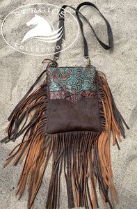 Embossed leather/ cowhide with fringe crossbody