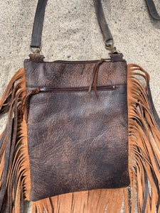 Embossed leather/ cowhide with fringe crossbody