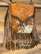 Load image into Gallery viewer, Sergios most popular crossbody bag made with unique tooled leather and cowhide hair on
