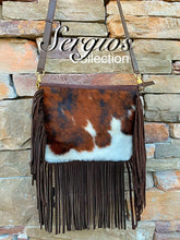Load image into Gallery viewer, Sergios Hair on cowhide Crossbody made with tricolor brindle cowhide
