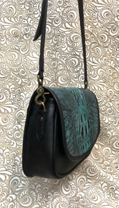 Santa Barbara Saddle bag style in TOURQUOISE crock “embossed print” cowhide leather