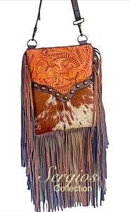 Sergios most popular crossbody made with Tooled leather and cowhide combination