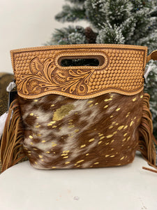 Tan and gold crossbody tote