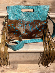 Cowhide satchel with beautiful turquoise embossed leather
