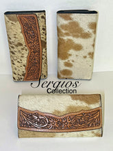 Load image into Gallery viewer, Tooled leather &amp; cowhide wallet
