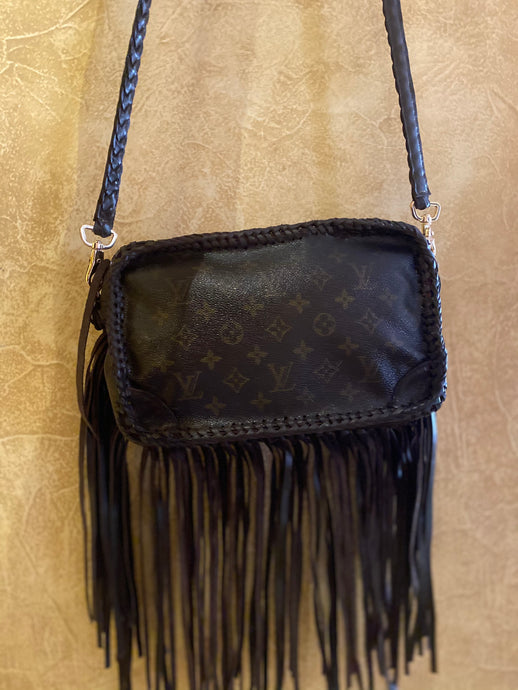 Vintage authentic reworked Louis Vuitton 1980’s Speedy 30 with turquoise  and leather fringe