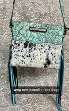 Load image into Gallery viewer, Cowhide satchel with brindle Hyde and embossed leather
