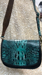 Santa Barbara Saddle bag style in TOURQUOISE crock “embossed print” cowhide leather
