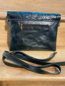 Crossbody tote with embossed flap over