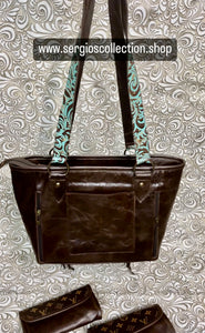 Large Tote with authentic designer canvas and embossed leathers