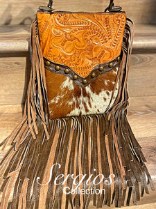Sergios most popular crossbody made with Tooled leather and cowhide combination