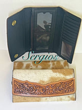 Load image into Gallery viewer, Tooled leather &amp; cowhide wallet
