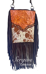Sergios most popular crossbody bag made with unique tooled leather and cowhide hair on