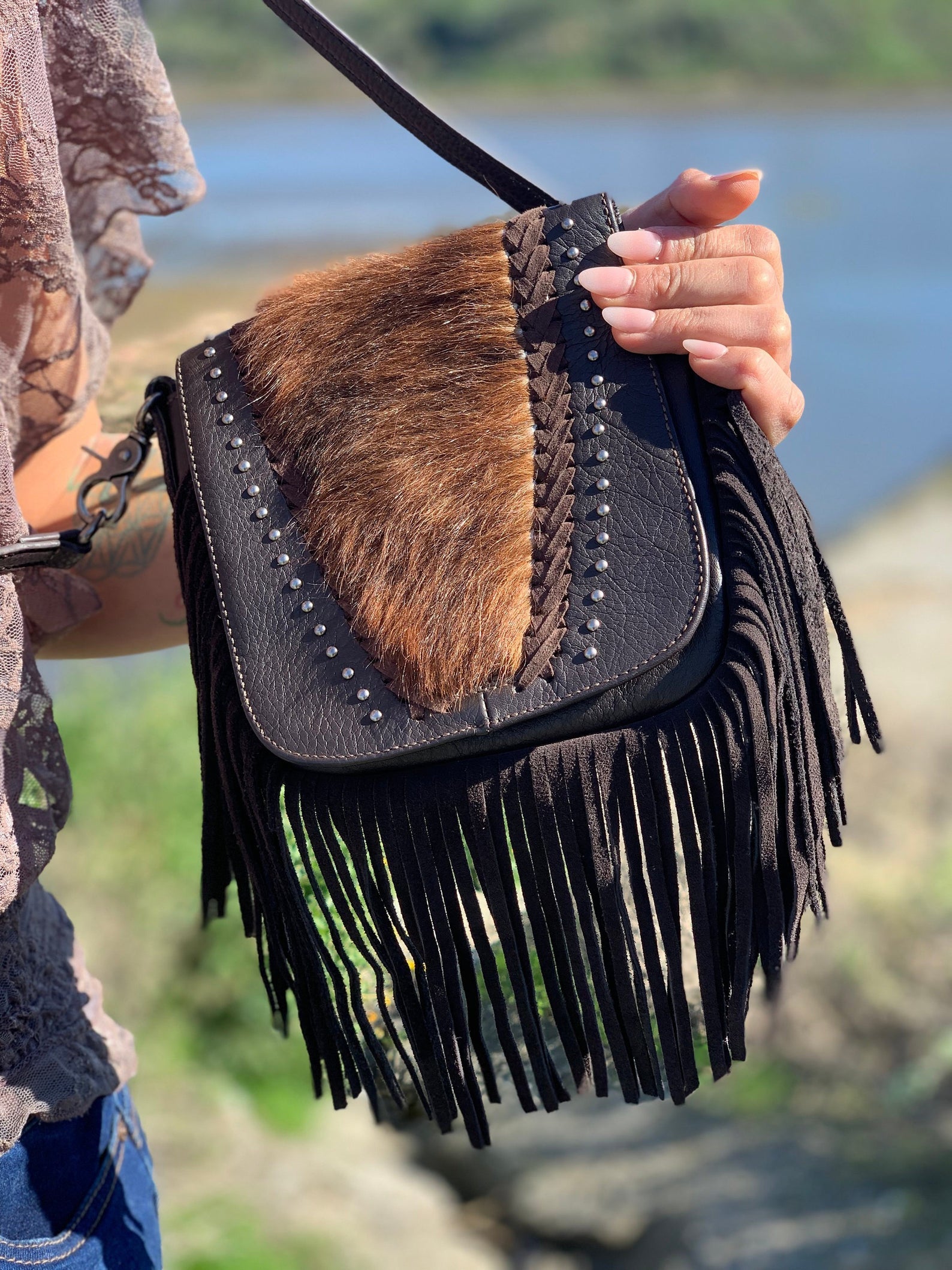 Boho Hipster Adjustable Crossbody Purse with Belt Loop Clip. Fringe Cowhide Studded Brown