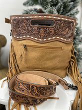 Load image into Gallery viewer, Tan embossed cowhide satchel
