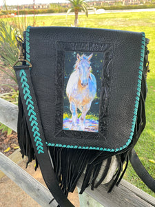 Kathy Sigle Art in a soft Sergios Collection black leather crossbody