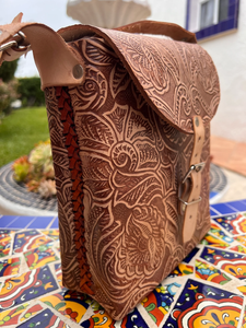Hand crafted tooled leather crossbody