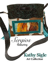 Load image into Gallery viewer, Kathy Sigle Beautiful Art on Sergios Collection on Embossed Cowhide Limited Edition Bag.
