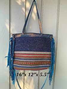 Blue Wool Blanket Tote Bag With Double and Crossbody Strap